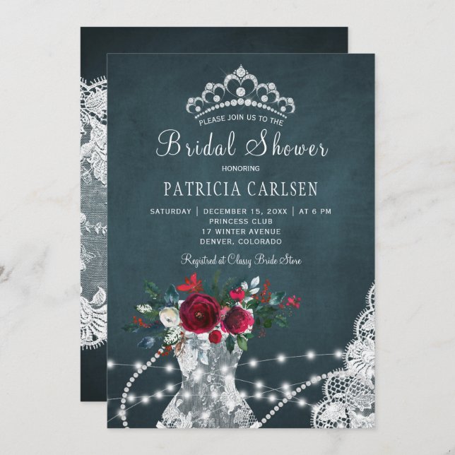 Winterelegantes rustikales, blumengeschmücktes Bra Einladung (Vorne/Hinten)