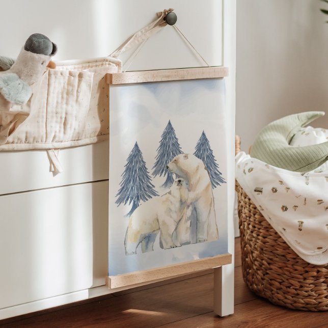 Winterfamilie Polar Bären Arktische Kinderzimmer W Wandteppich Mit Holzrahmen (Winter Family Polar Bear Arctic Nursery Wall Decor Hanging Tapestry)