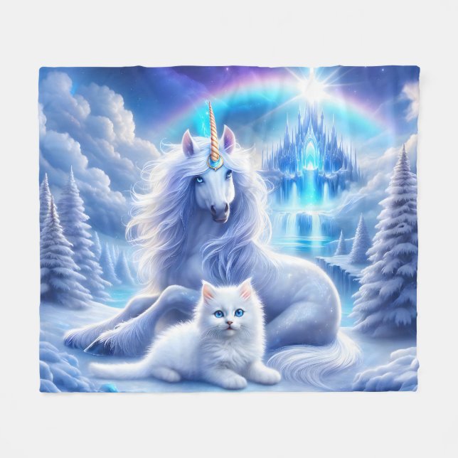 Winterfantasie mit schönem Einhorn und Kitten Fleecedecke (Vorderseite (Horizontal))