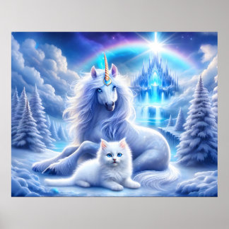 Winterfantasie mit schönem Einhorn und Kitten Poster