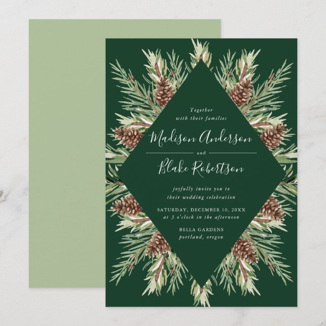 Winterfarben-Kiefer-Kone-Rahmen Grüne Hochzeit Einladung (Vorne/Hinten)
