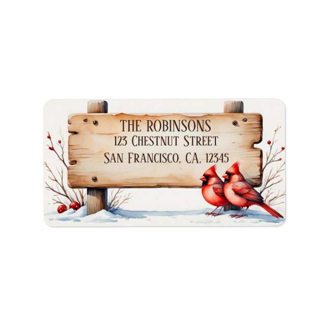Winterfarbene Kardinäle mit Holzschild Adressaufkleber (Vorne)