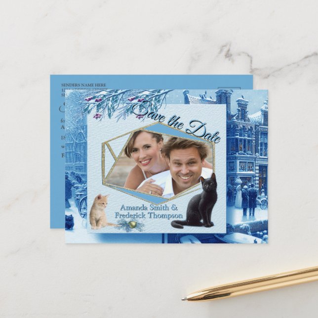 Winterfeiern im Schnee, mit Kätzchen Ankündigungspostkarte (Vorderseite/Rückseite Beispiel)