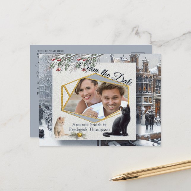 Winterfeiern im Schnee, mit Kätzchen Ankündigungspostkarte (Vorderseite/Rückseite Beispiel)