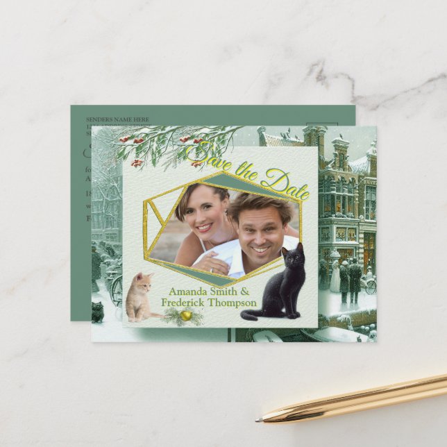 Winterfeiern im Schnee, mit Kätzchen Ankündigungspostkarte (Vorderseite/Rückseite Beispiel)