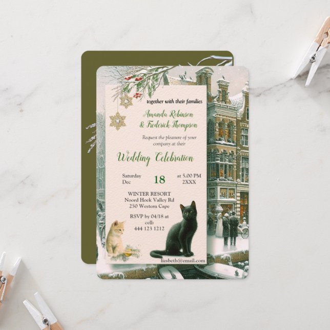 Winterfeiern im Schnee, mit Kätzchen Einladung (Vorderseite/Rückseite Beispiel)