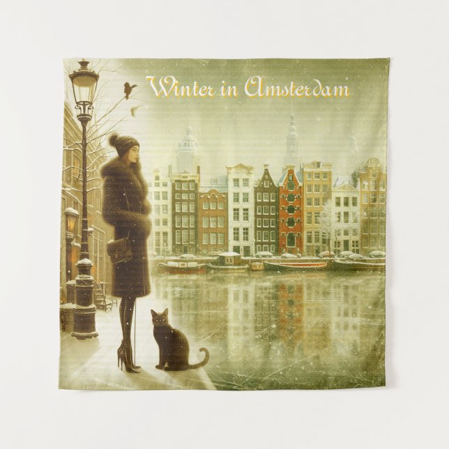 Winterfeiern im Schnee, mit Kätzchen Wandteppich (Vorderseite)