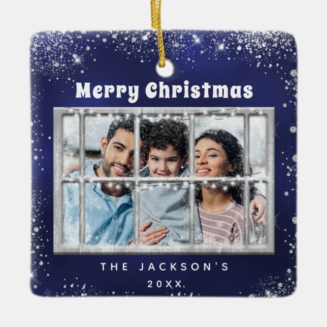 Winterfenster aus blauem Silber-Foto Keramikornament (Vorderseite)