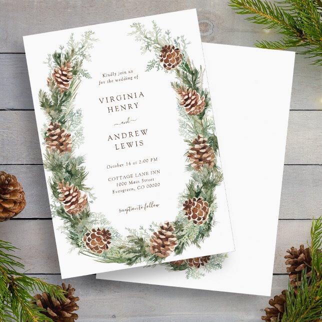Winterferien Einladung (White Winter Holiday Pinecone Wedding Invitation by Painted Paperie
)