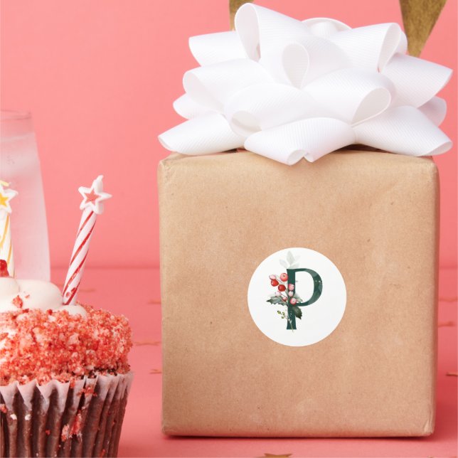 Winterferien MONOGRAM Rote Poinsettia Beeren C Runder Aufkleber (Party)