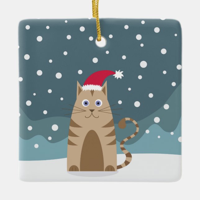 Winterferien Weihnachtsmannmütze Katze schneebedec Keramikornament (Vorderseite)