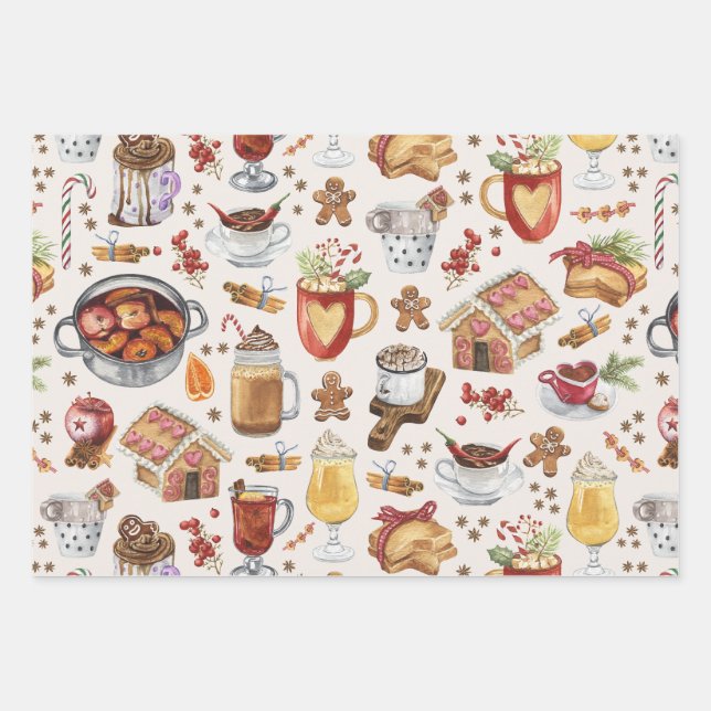 Winterfeste Getränke und Desserts Geschenkpapier Set (Vorderseite)