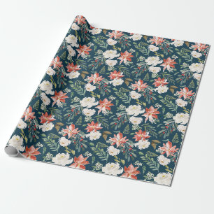 Winterflorales Marineblauer Feiertag Geschenkpapier