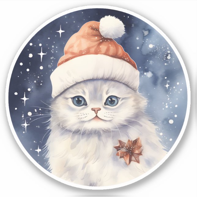 Winterfluffy Weiße Weihnachtskatze in Weihnachtsma Aufkleber (Vorderseite)