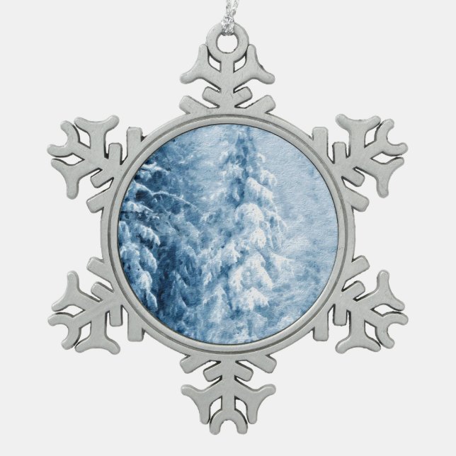 Winterflüster Schneeflocken Zinn-Ornament (Vorderseite)