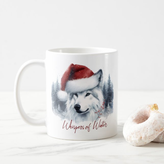 Winterflüster - Watercolor Wolf in Weihnachtsmannm Kaffeetasse (Mit Donut)