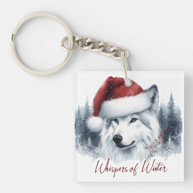 Winterflüster - Watercolor Wolf in Weihnachtsmannm Schlüsselanhänger (Vorderseite)