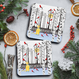 Winterfreude - Katze mit den Kardinälen von Schal- Getränkeuntersetzer