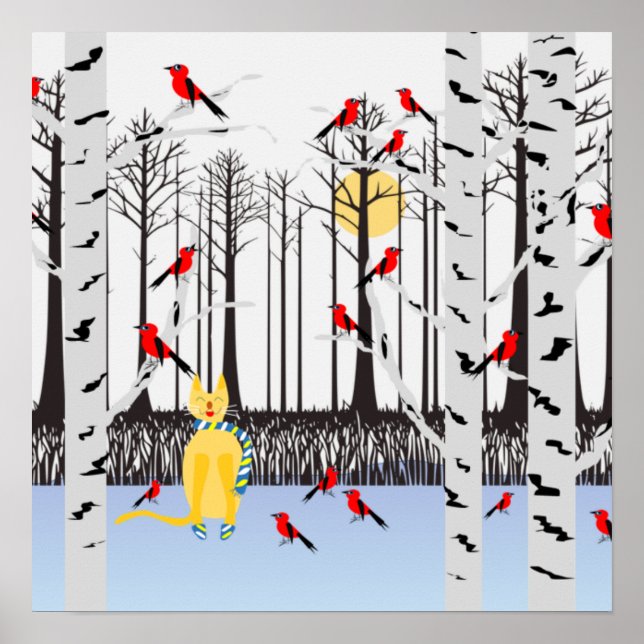 Winterfreude - Katze mit den Kardinälen von Schal- Poster (Vorne)