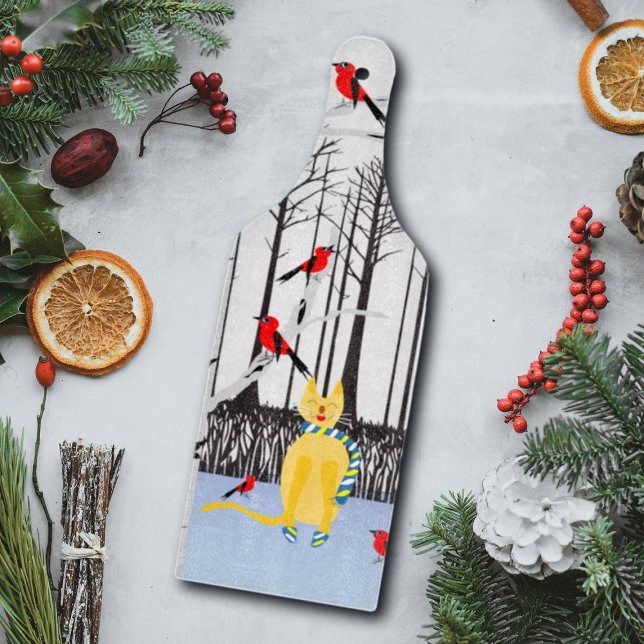 Winterfreude - Katze mit den Kardinälen von Schal- Schneidebrett (Von Creator hochgeladen)
