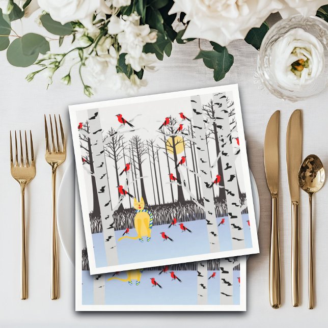 Winterfreude - Katze mit den Kardinälen von Schal- Serviette (Von Creator hochgeladen)