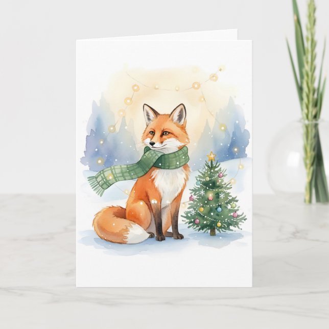 Winterfuchs mit grünem Schal und Weihnachtsbaum Karte (Vorderseite)