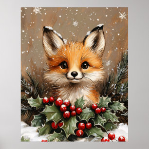 Winterfuchs mit Stechpalme und schneebedeckter Kie Poster