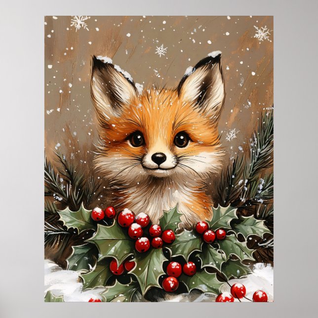 Winterfuchs mit Stechpalme und schneebedeckter Kie Poster (Vorne)