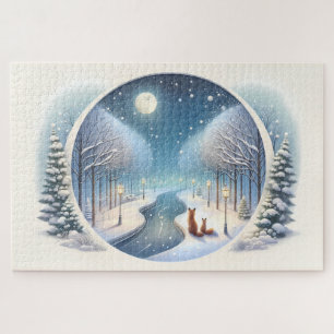 Winterfüchse am mondbeschienenen schneebedeckten F Puzzle