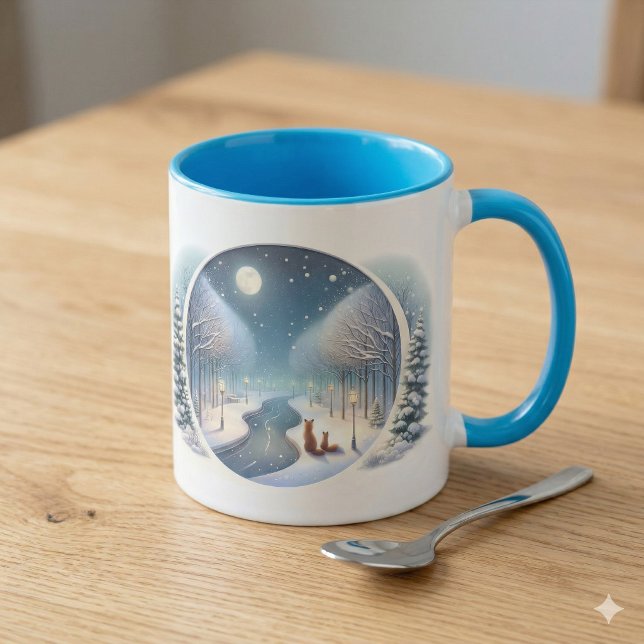 Winterfüchse am mondbeschienenen schneebedeckten F Tasse (Winter Foxes by Moonlit Snowy River Mug)