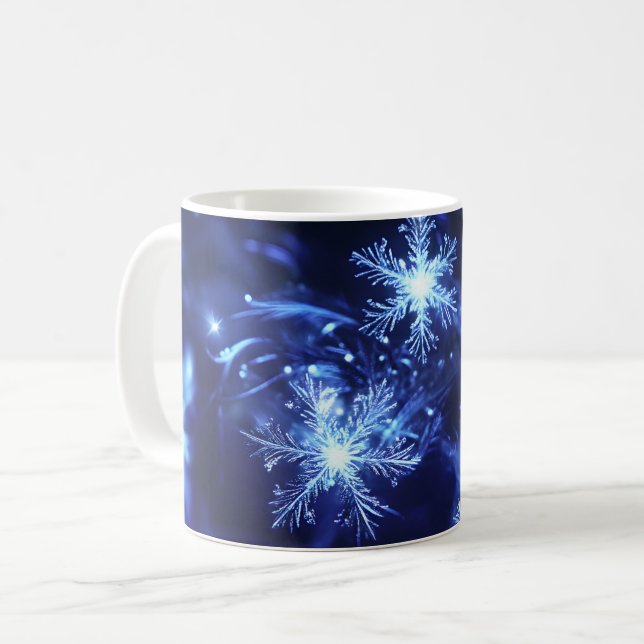 Winterfunkel Blaue Schneeflocken Kaffeetasse (Vorderseite Links)