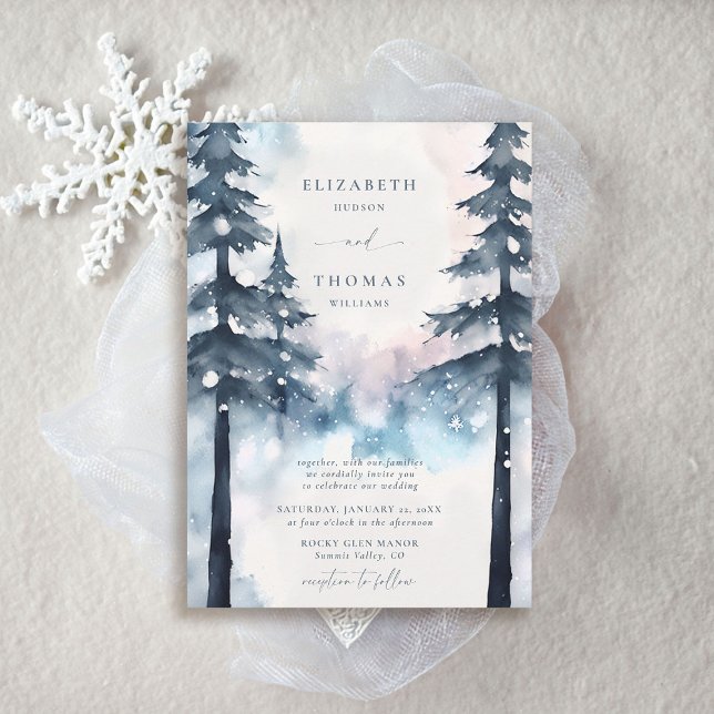 Wintergebirge Schnee Pine Trees Elegante Hochzeit Einladung (winter wedding invitations rustic elegant chic mountains smoky blue silver snow pine trees forest)