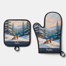 Wintergebirge Schneeszene Wälder Bäume Wildfox Ofenhandschuh & Topflappen-Set