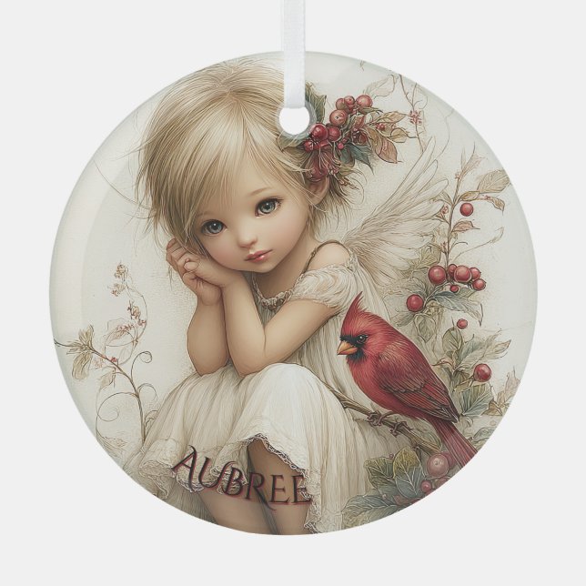 Wintergeflüster – Feenkind mit Kardinal  Ornament Aus Glas (Vorderseite)