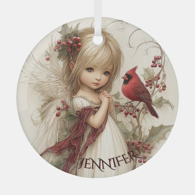 Wintergeflüster – Feenkind mit Kardinal  Ornament Aus Glas (Vorderseite)