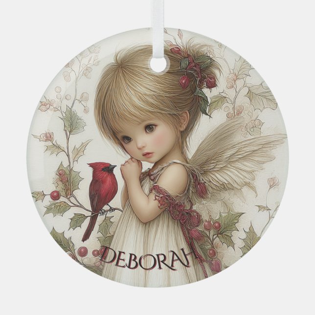 Wintergeflüster – Feenkind mit Kardinal  Ornament Aus Glas (Vorderseite)