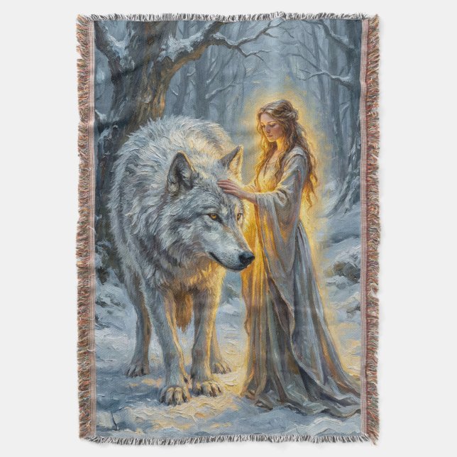 Wintergöttin & Weißer Wolf Decke (Vorderseite Vertikal)