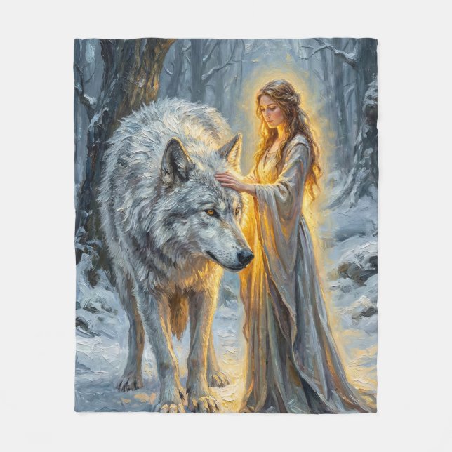Wintergöttin & Weißer Wolf Fleecedecke (Vorderseite)