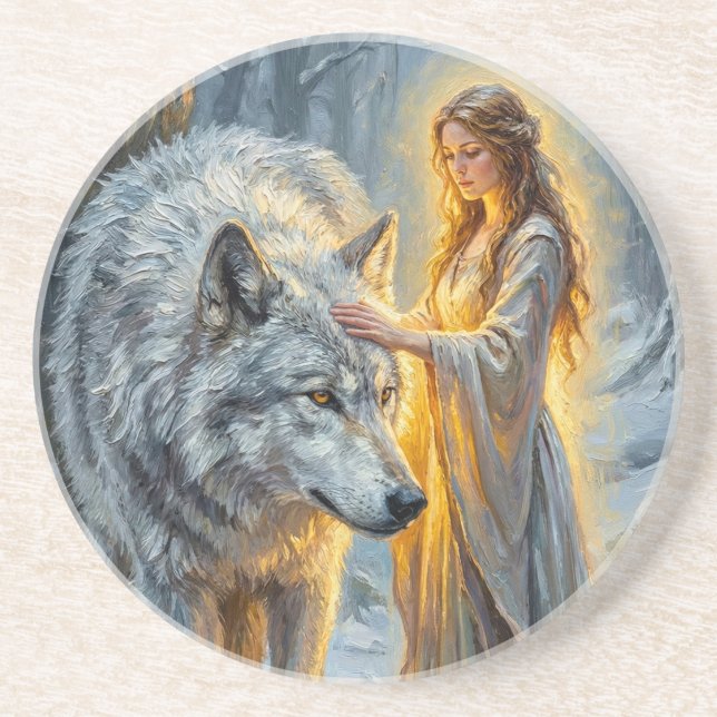 Wintergöttin & Weißer Wolf Getränkeuntersetzer (Vorne)