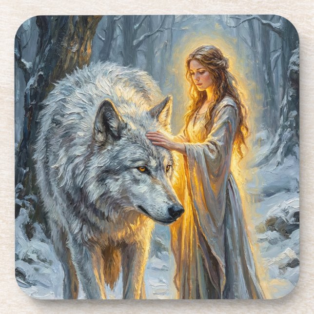 Wintergöttin & Weißer Wolf Getränkeuntersetzer (Vorderseite)