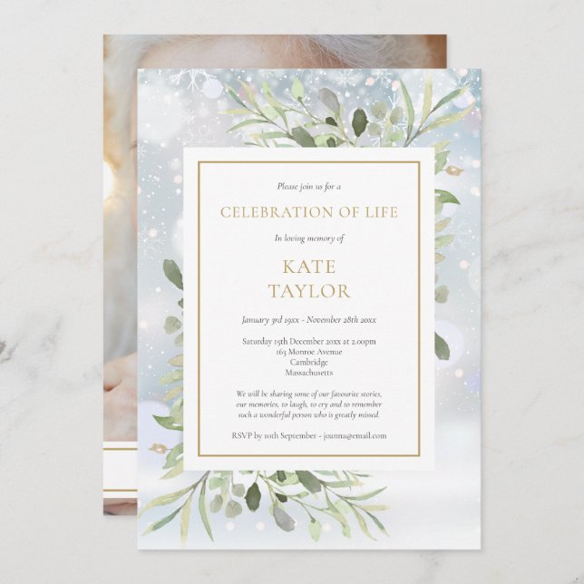 Wintergrün Beerdigung des Fotos des Lebens Einladung (Vorne/Hinten)