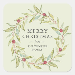 Wintergrün Blätter Beeren Kranz Weihnachten Quadratischer Aufkleber