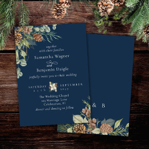 Wintergrün Kiefern Navy Blau Elegante Hochzeit Einladung