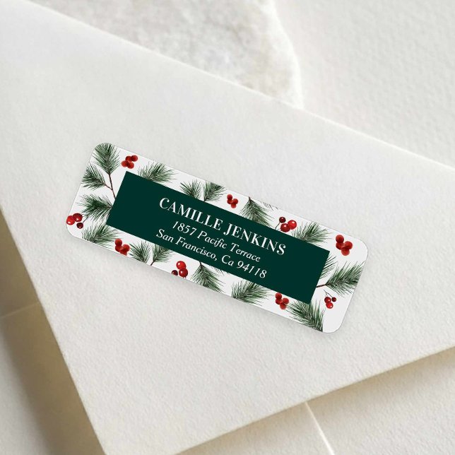 Wintergrün & rote Beeren Rücksendeetikett (Christmas Holly Berries and Winter Greenery Return Address Label)