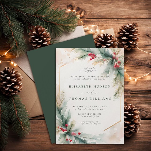 Wintergrün Weihnachten Rote Elegante Hochzeit Einladung (winter wedding invitation christmas berries elegant rustic modern classic watercolor calligraphy)