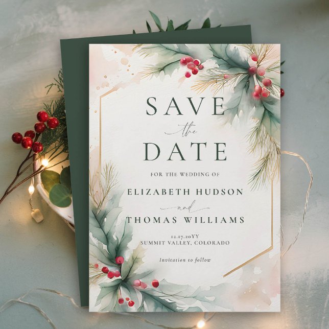 Wintergrün Weihnachten Rote Elegante Hochzeit Save The Date (winter christmas wedding save the date romantic modern watercolor greenery berries holly spruce)