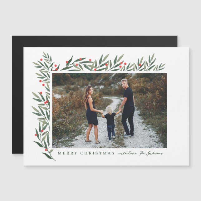 Wintergrün Weißes Foto Weihnachten Magnetkarte (Vorne/Hinten)