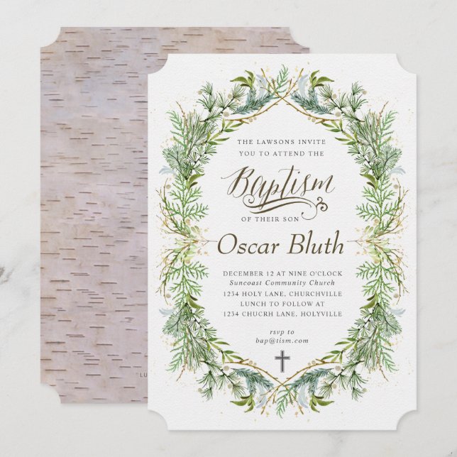 Wintergrüne Taufe Einladung (Vorne/Hinten)