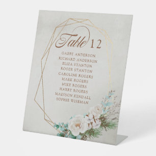 Wintergrüne Weiße Rosen Hochzeitstisch Sitzordnung Sockelschild