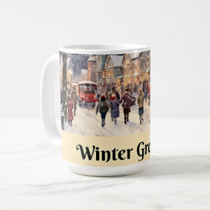 Wintergruß, schneebedeckte Stadtstraße, Kaffeetasse